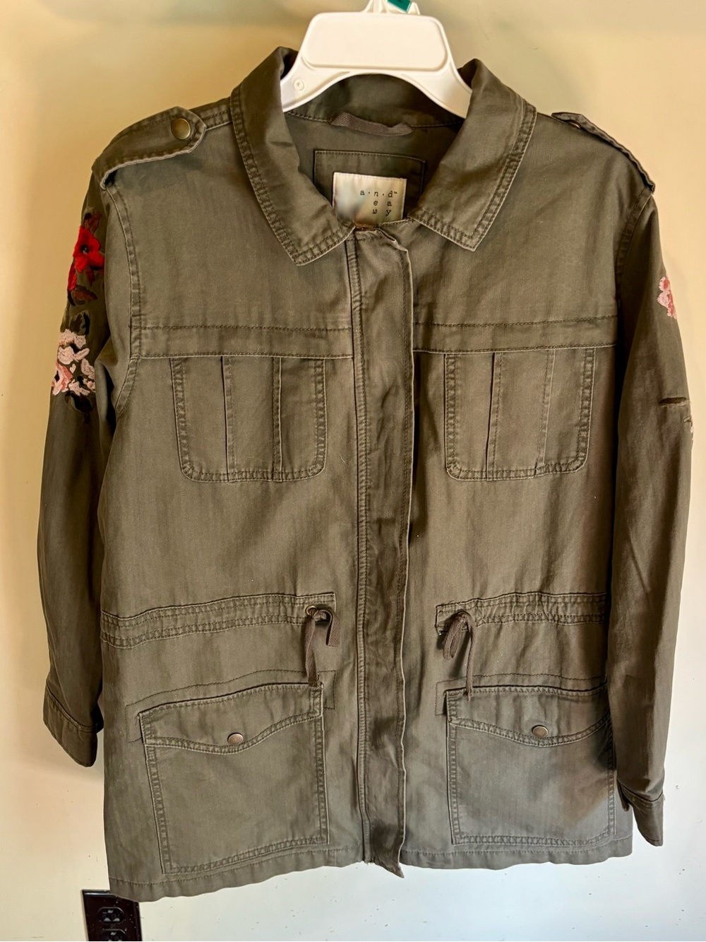 A New Day Olive Drab Floral Embroidered Military Utility Jacket Sz XL Gorpcore
